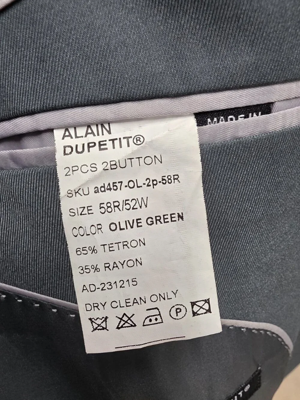 Alain Dupetit 58R 52x31 Green Full Suit 2-Button Solid R940